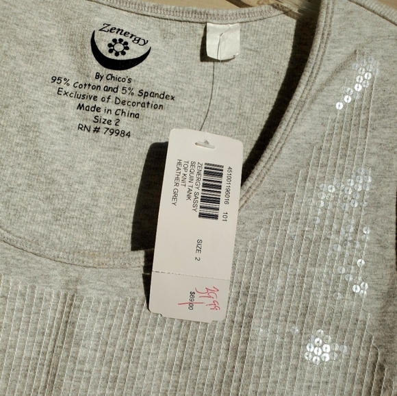 Chico's Zenergy Heather Grey Knit Clear Sequined Front Panel Sassy Tank Top - Picture 7 of 12
